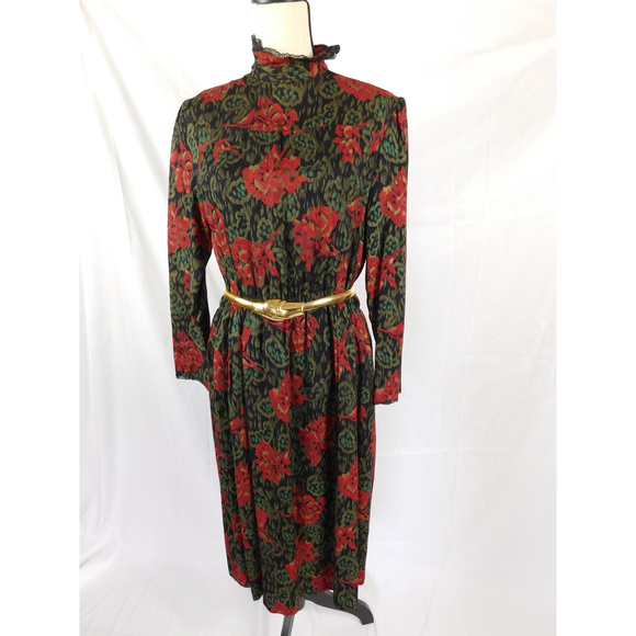 VINTAGE ARAMA PARIS HIGH NECK LACE TRIM WOOL DRESS - Picture 5 of 11